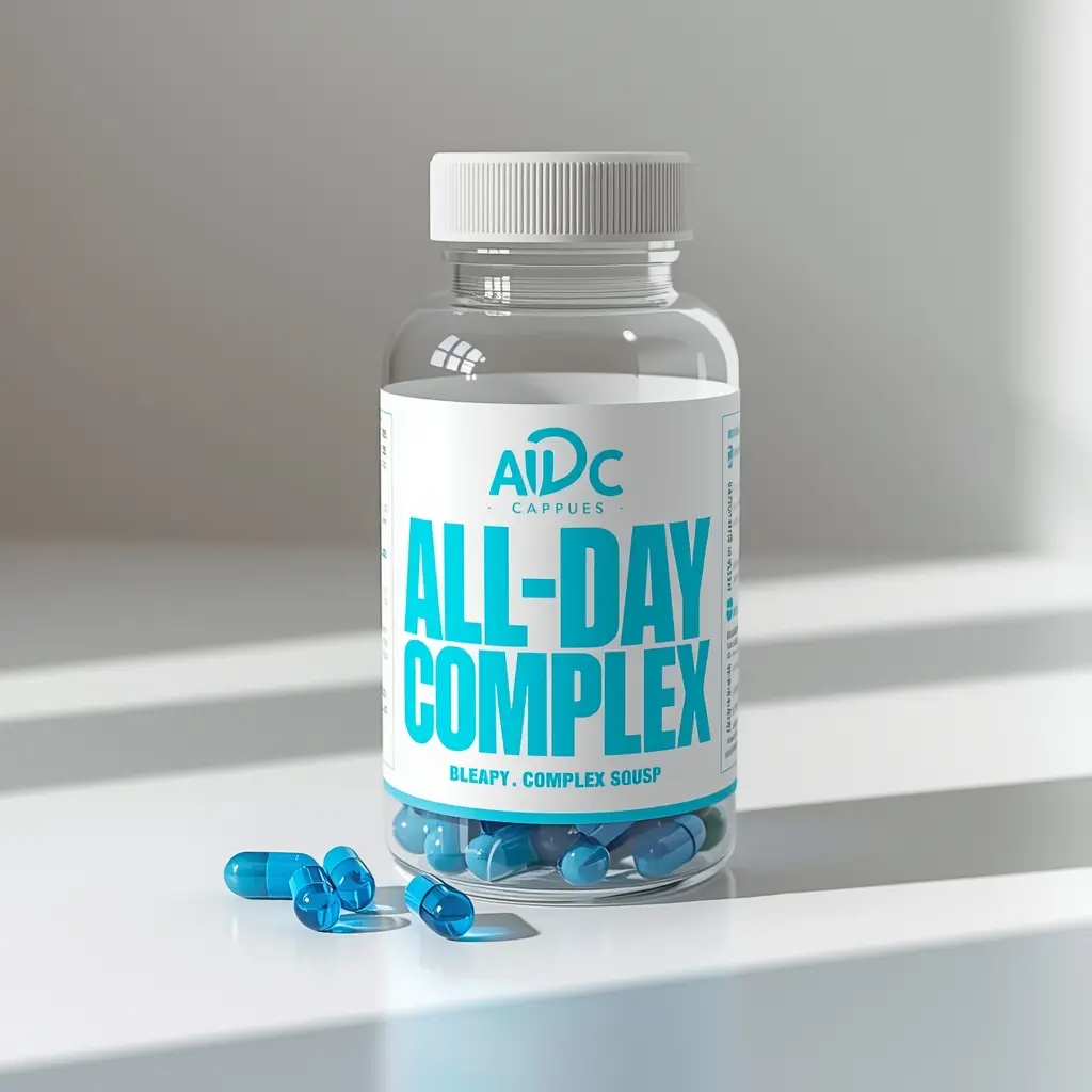 All-Day Complex supplement bottle with capsules
